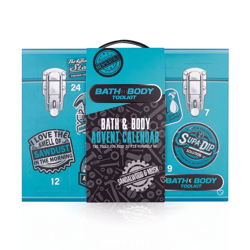 Calendrier de l’Avent Accentra Men Style 2025 avec 24 soins visage et corps, gels douche, savons et accessoires, idéal pour beauté homme.