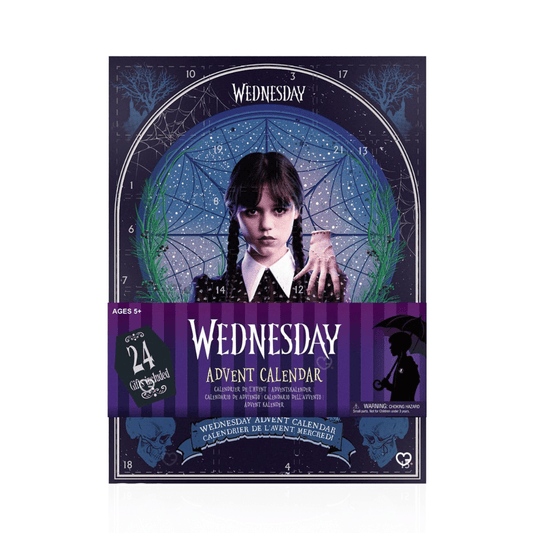 Calendrier de l’Avent Mercredi - Cineraplicas 2025 avec 24 surprises Wednesday Addams, coffret gothique exclusif pour fans et collectionneurs.