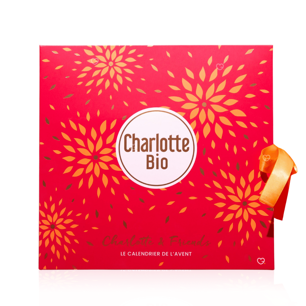 Calendrier de l'avent charlotte Bio contenant 24 produits de beauté bio : maquillage, soins accessoires bien etre idéal pour femme sensibles au naturel.