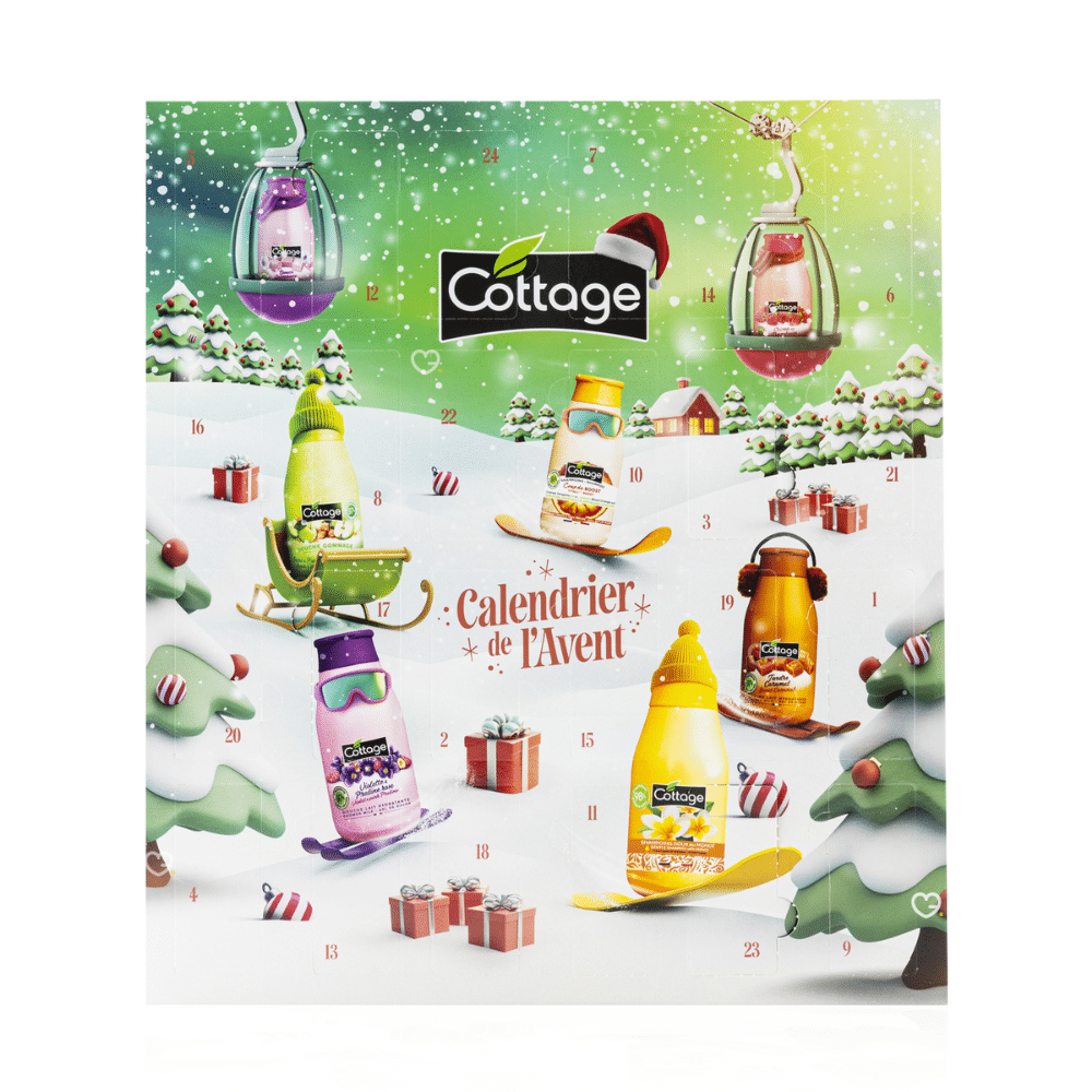 Calendrier de l’Avent Cottage 2025 avec 24 soins beauté cocooning pour femmes : douches lait hydratantes, senteurs gourmandes et décor hivernal idéal pour femme et jeune fille