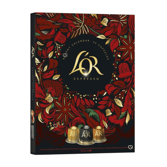 Calendrier de l’Avent L'Or Expresso 2025 contenant 24 capsules de café premium compatibles Nespresso, aromes variés pour amateurs de café.