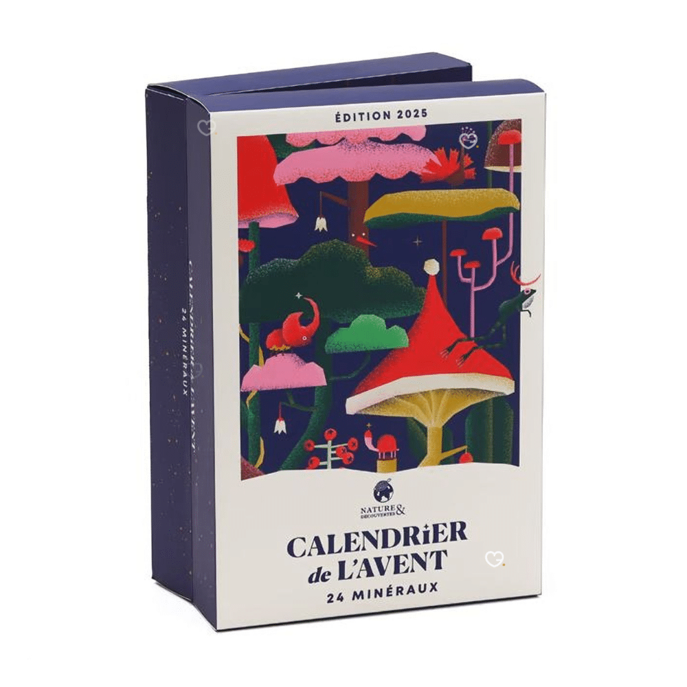 Calendrier de l’Avent Lithothérapie 2025 avec 24 pierres naturelles et minéraux comme améthyste et quartz rose, idéal pour adultes amateurs de bien-être