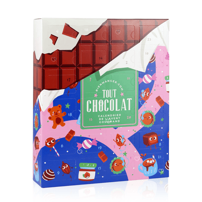 calendrier de l'avent chocolat gourmand 2025 décoré tablette choco contenant 24 surprises chocolatées truffe, guimauve, bonbon, pate a tartiner d'artisans