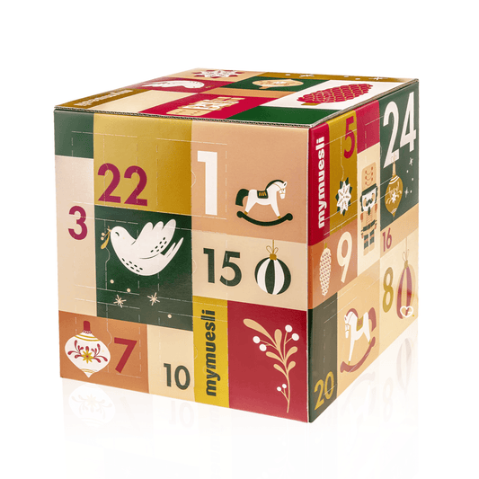 Calendrier de l’Avent mymuesli 2025 avec 24 surprises gourmandes bio, mueslis et porridges recettes variées pour adulte et gourmand