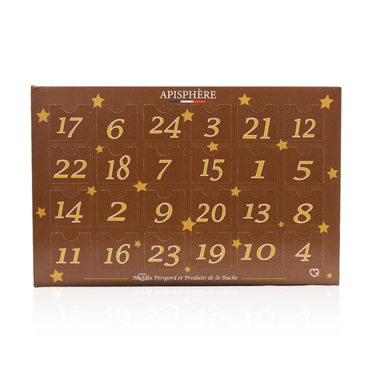 calendrier de l'avent miel Apisphère 2025 contenant 24 pots de miels, bonbons et accessoires autours des miels. Idéal gourmand