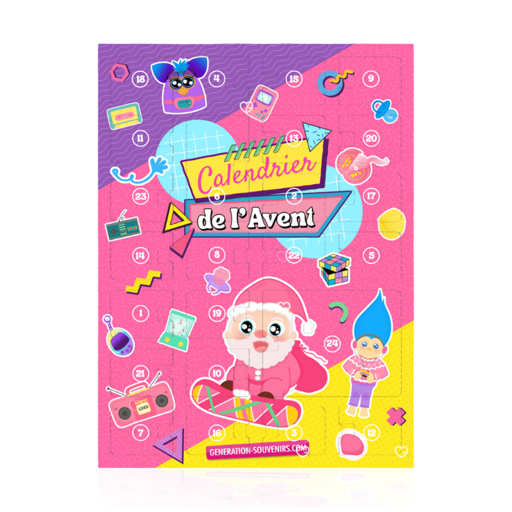 calendrier de l'avent generation souvenirs 2025 contenant des bonbons, des chocolats et des jouets retro des année 80 et 90