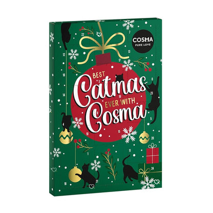calendrier de l'avent Cosma chat 2024 contenant 24 friandises saveurs poulet, canard, bœuf et thon.