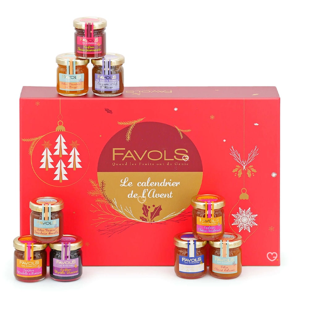Calendrier de l'avent Favols 2025 contenant 24 pots de confitures