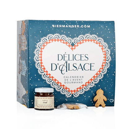 Calendrier de l’Avent Délices d'Alsace 2025 avec 24 spécialités sucrées et salées alsaciennes, idéal pour familles et gourmand curieux.