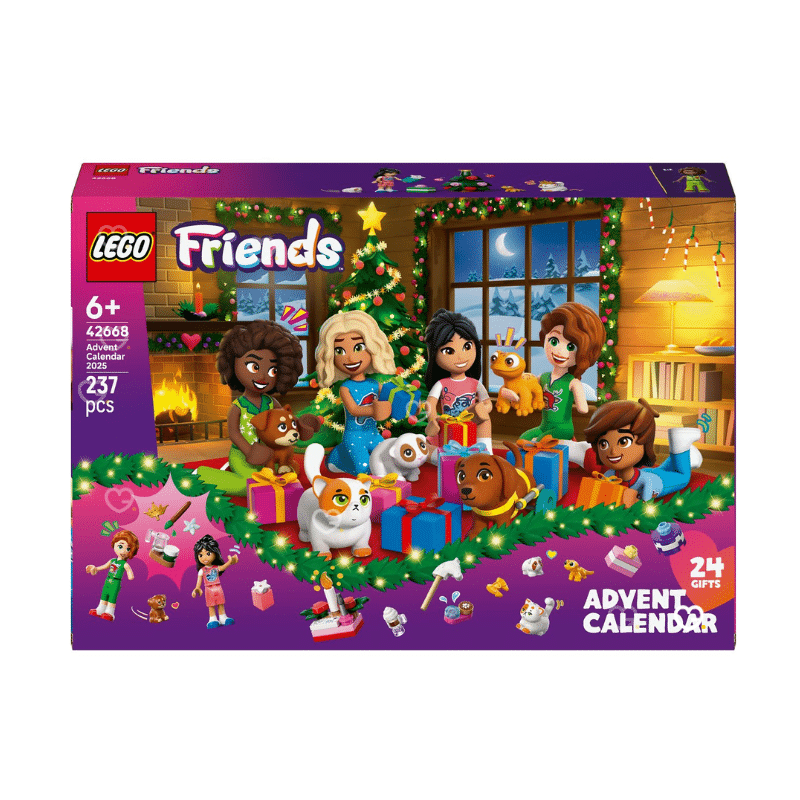 Calendrier de l’avent Lego Friends 2025 (42668)- 24 constructions à assembler. Composé de 237 pièces, il réunit 5 mini-poupées et 5 animaux pour recréer un univers féerique autour de l’amitié et de la magie des fêtes. calendrier avent jouet créativité et jeu collectif.