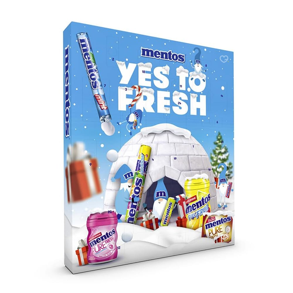 calendrier de l'avent mentos 2025 contenant 24 friandises Mentos avec des dragées à mâcher et des chewing-gums aux différents parfums