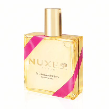 Calendrier de l’Avent Nuxe 2025 édition limitée au design de flacon contenant 24 soins visage, corps, cheveux, accessoires et huiles, idéal pour femmes urbaines élégantes.