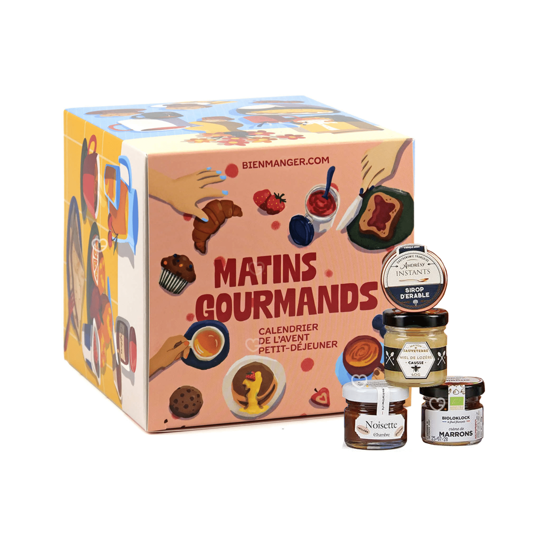 Calendrier de l’Avent gourmand 2025 Petit Déjeuner avec 25 gourmandises à tartiner variées, confitures, miels et pâtes à tartiner pour adultes, couples gourmands.
