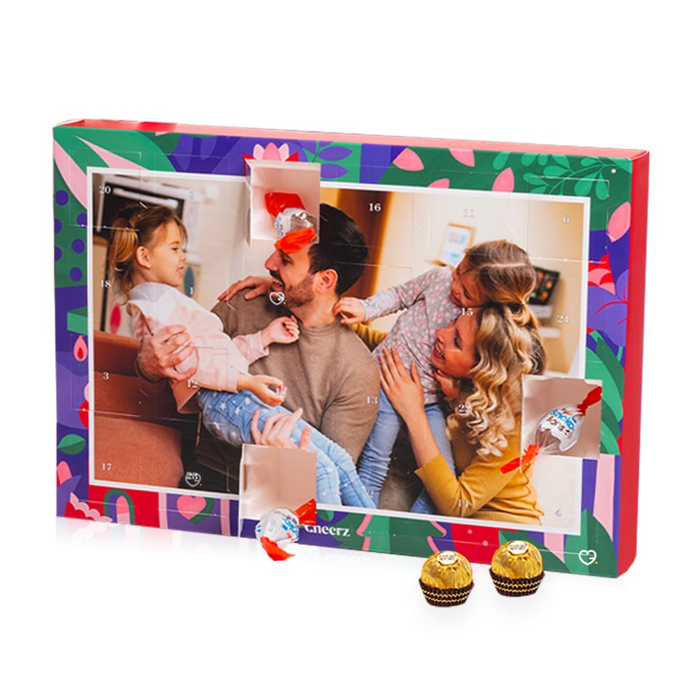 Calendrier de l'avent photo cheerz 2025 avec des photos personnalisées et du chocolat kinder et ferrero